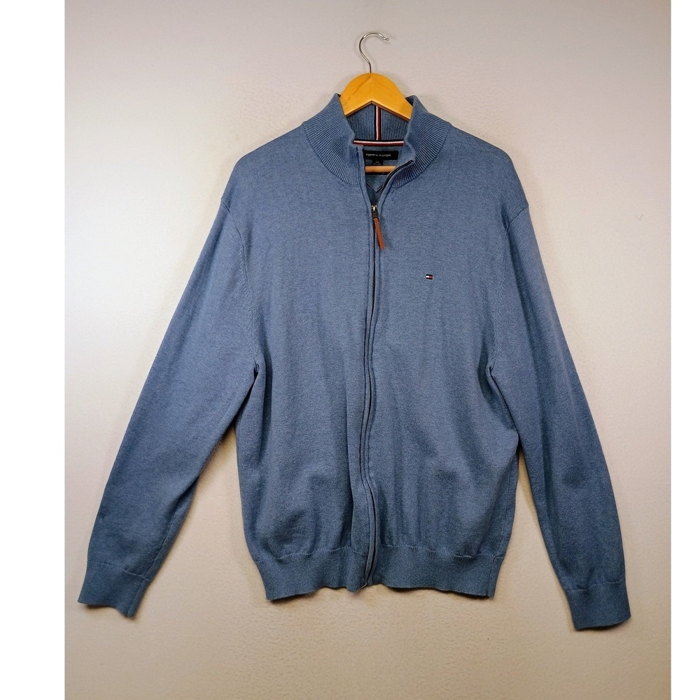 Preppy Tommy Hilfiger Mens XXL Blue Premium Cotton Full Zip Mock Neck Sweater